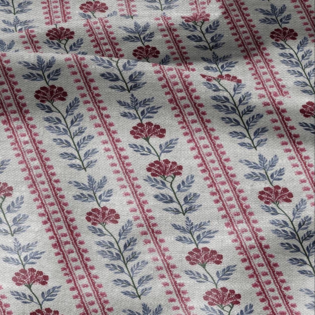 100% LINEN Fabric print Stripe red flower gray - Roses oatmeal linen fabric with botanical print - heavy for home decor clothing 3091