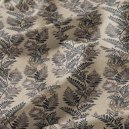 100% LINEN Fabric Woodland - Brown floral print with Antelope Eland Neutral Fabric by the Yard by LithuanianLinen 3787