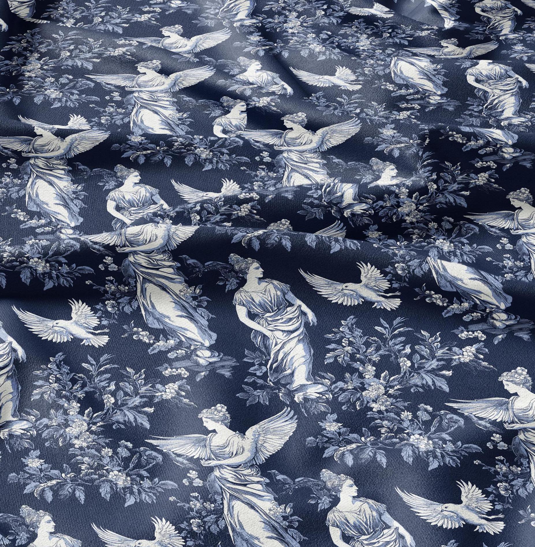 100% LINEN Fabric block print Greek Goddesses - white linen fabric with indigo blue print - heavy linen fabric for upholstery home decor