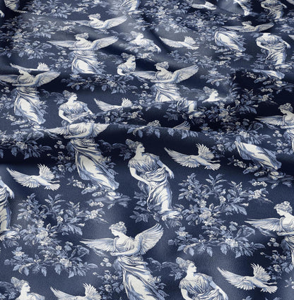 100% LINEN Fabric block print Greek Goddesses - white linen fabric with indigo blue print - heavy linen fabric for upholstery home decor