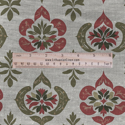 100% LINEN Fabric hand block print flowers - oatmeal linen fabric with red green print - fabric for home decor upholstery