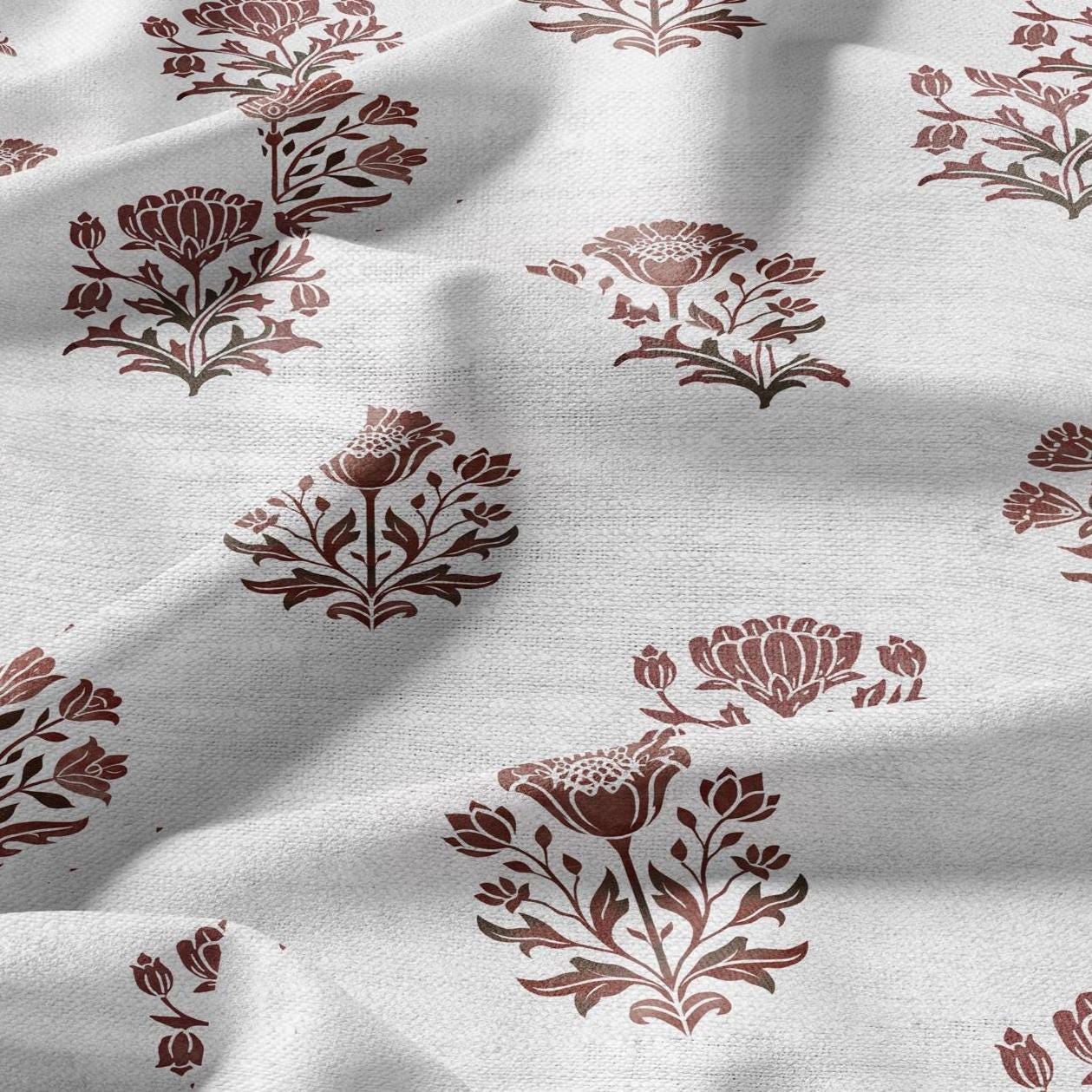 100% LINEN Fabric Block print Genda flower red - floral upholstery home textile artisan fabrics green white 2945