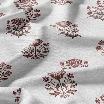 100% LINEN Fabric Block print Genda flower red - floral upholstery home textile artisan fabrics green white 2945
