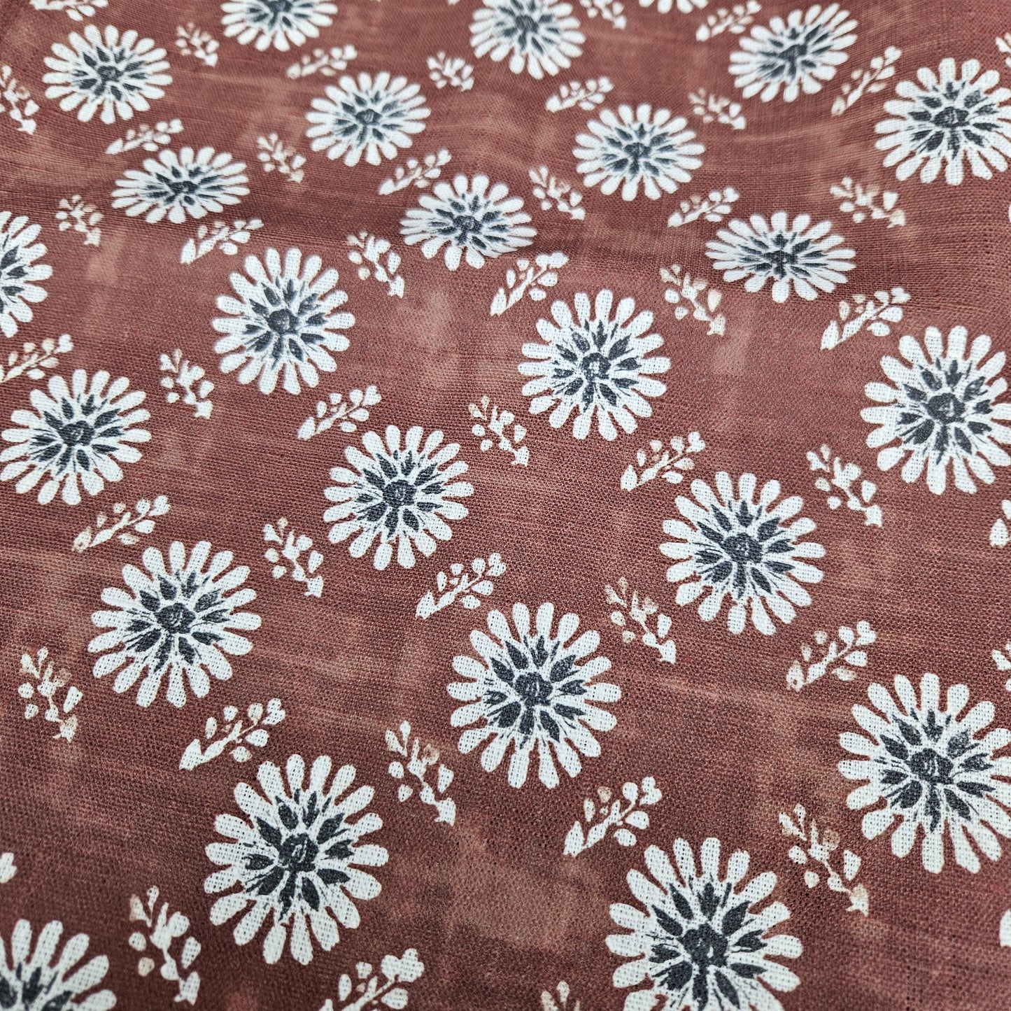 100% LINEN Fabric floral print - muddy brown white stripe block print linen heavy for upholstery home decor - medium for dress making 2808
