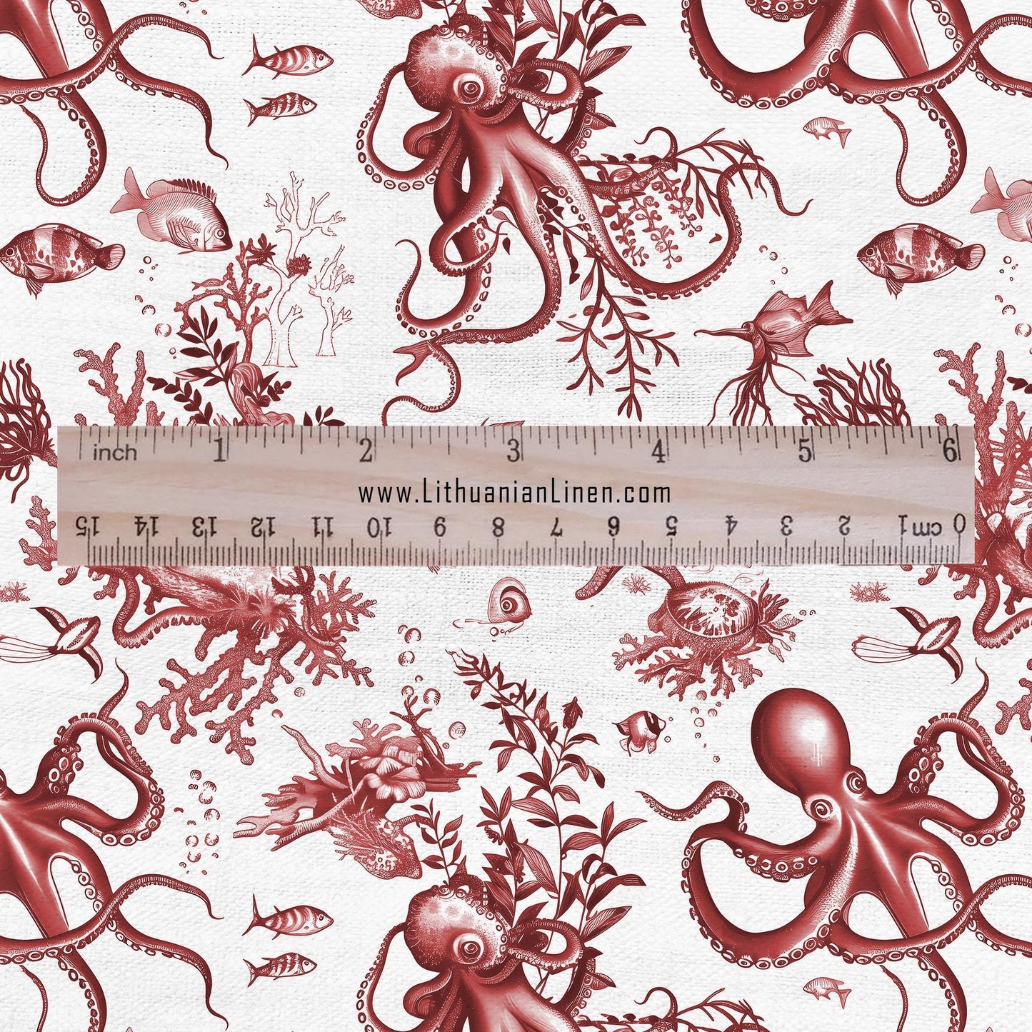 100% LINEN Fabric octopus linen - red white nautical fabric for upholstery home decor dress making 306R