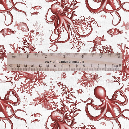 100% LINEN Fabric octopus linen - red white nautical fabric for upholstery home decor dress making 306R