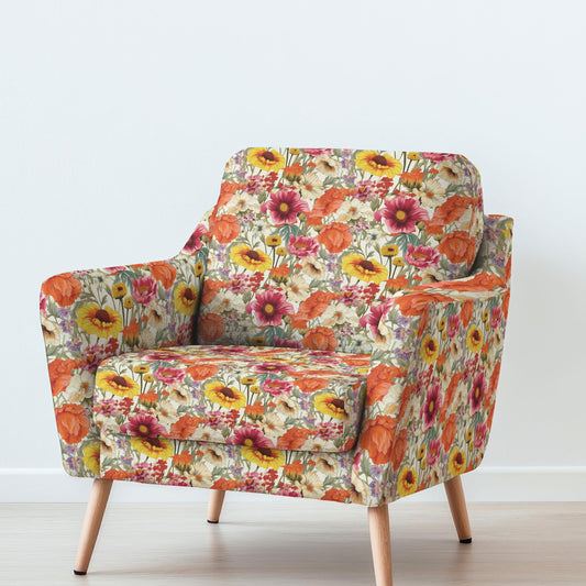 100% LINEN Fabric UPHOLSTERY 12oz - Colorfull red yellow floral meadow  print on linen - Modern vintage pattern Poppies flower field 2073