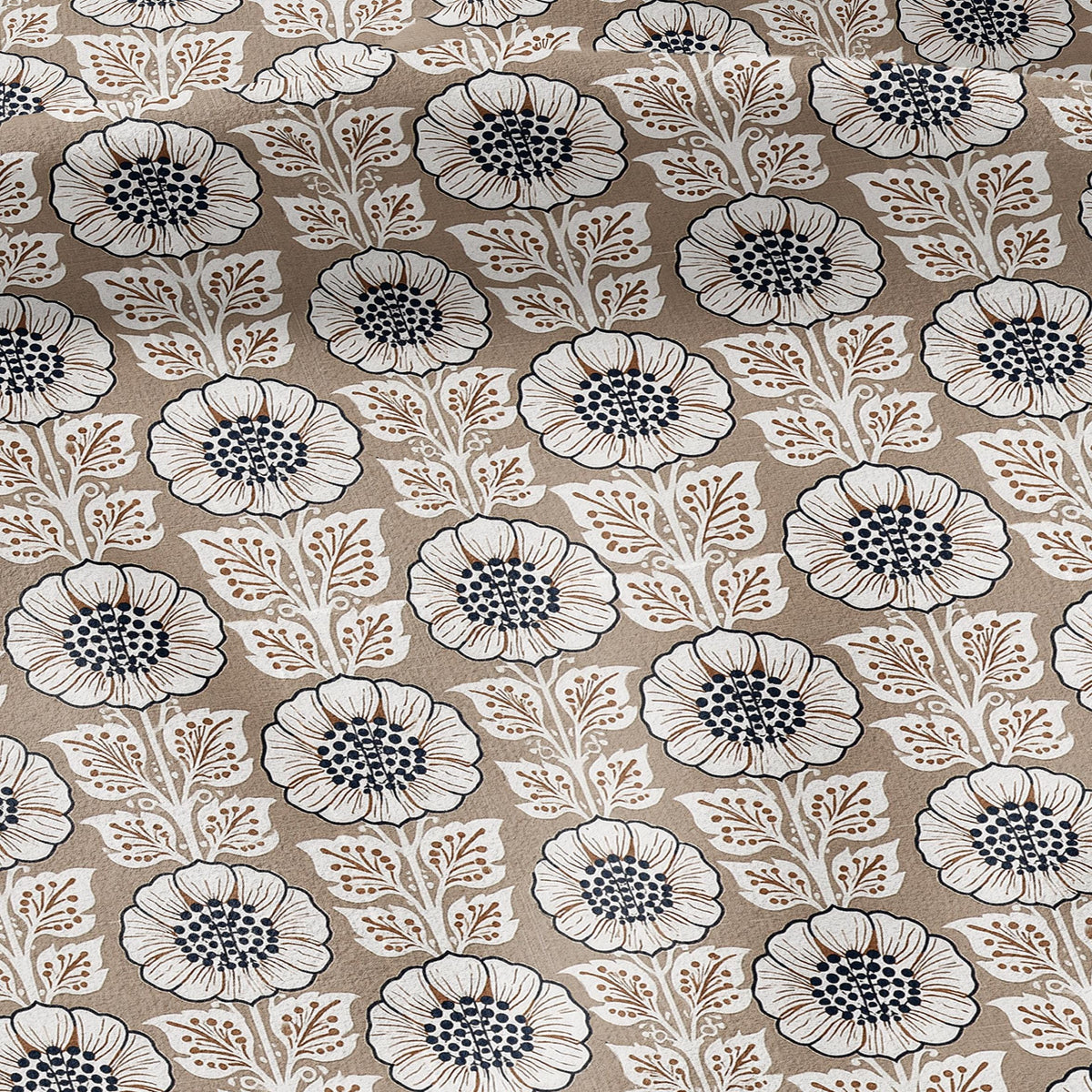 100% LINEN Fabric Beige flower block print - botanical textile artisan fabrics brown white 3808