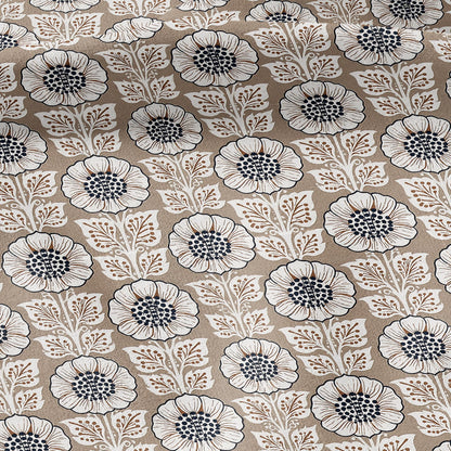 100% LINEN Fabric Beige flower block print - botanical textile artisan fabrics brown white 3808