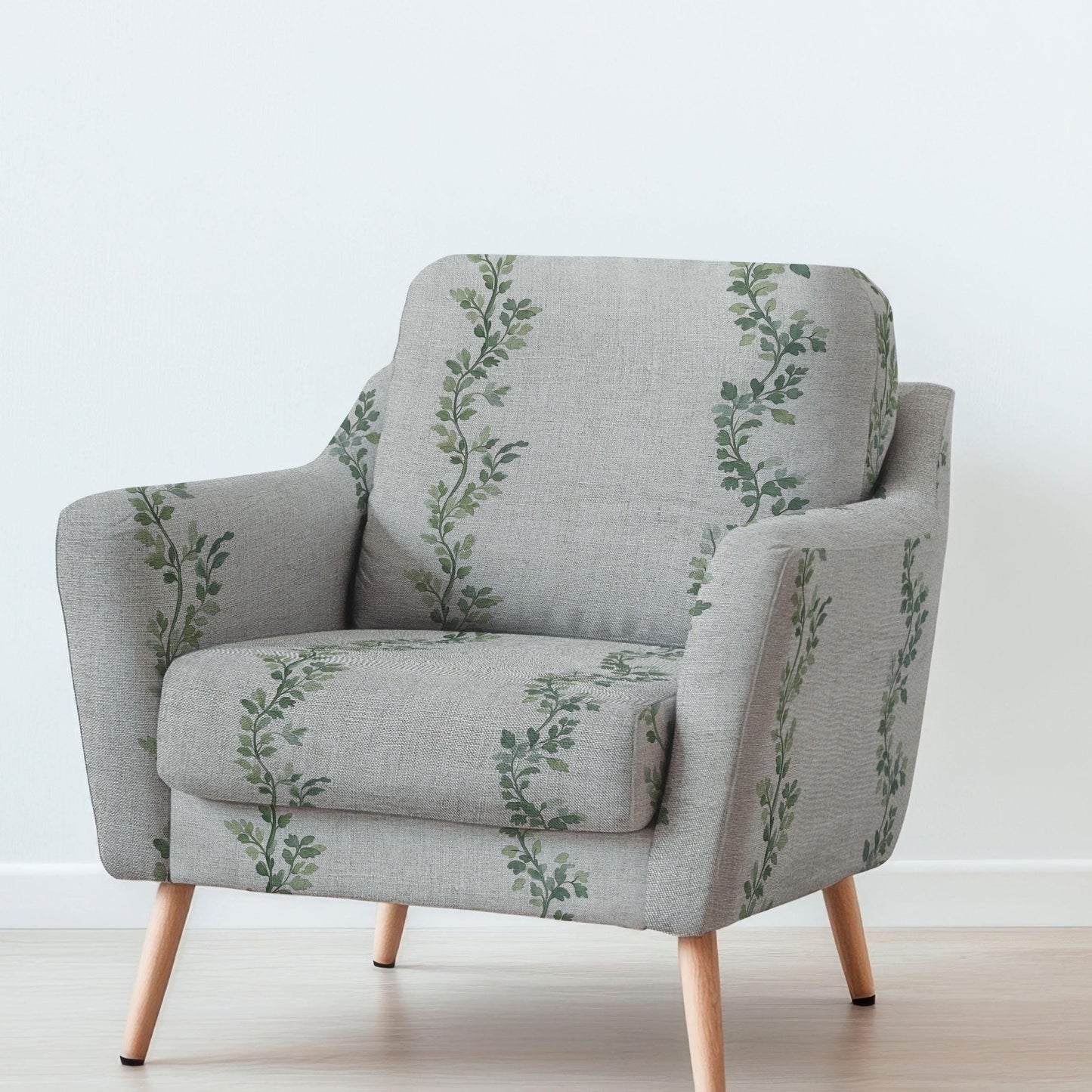 100% LINEN Fabric UPHOLSTERY 12oz - green toile de jouy print on natural linen - Modern vintage Victorian tree leaves stripe upholstery 2709