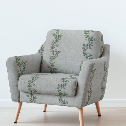 100% LINEN Fabric UPHOLSTERY 12oz - green toile de jouy print on natural linen - Modern vintage Victorian tree leaves stripe upholstery 2709