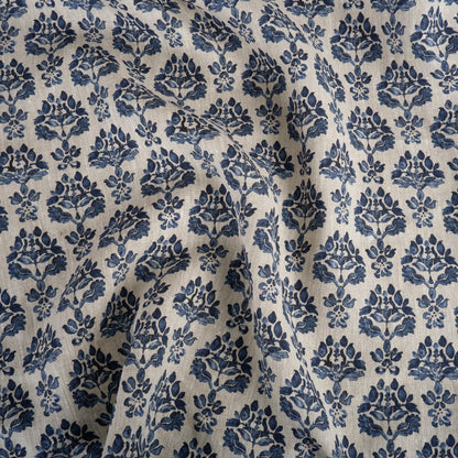 100% LINEN Fabric indigo blue block print - oatmeal neutral fabric with blue floral print - linen for upholstery home decor dressmaking 389
