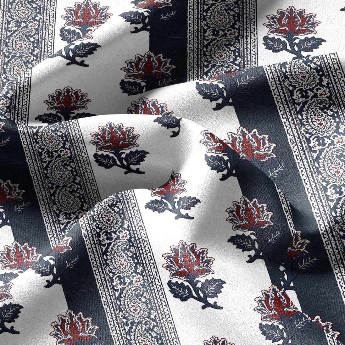 100% linen fabric blue white paisley stripe print - Vintage floral botanical modern Victorian 3421