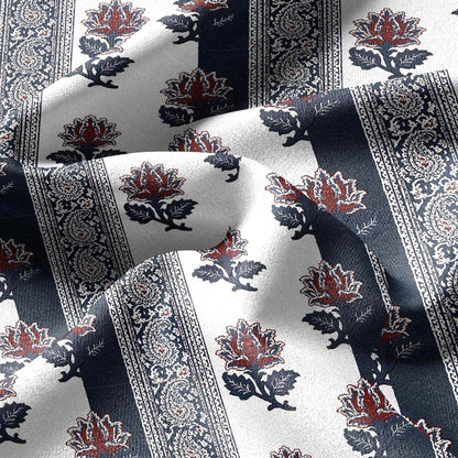 100% linen fabric blue white paisley stripe print - Vintage floral botanical modern Victorian 3421