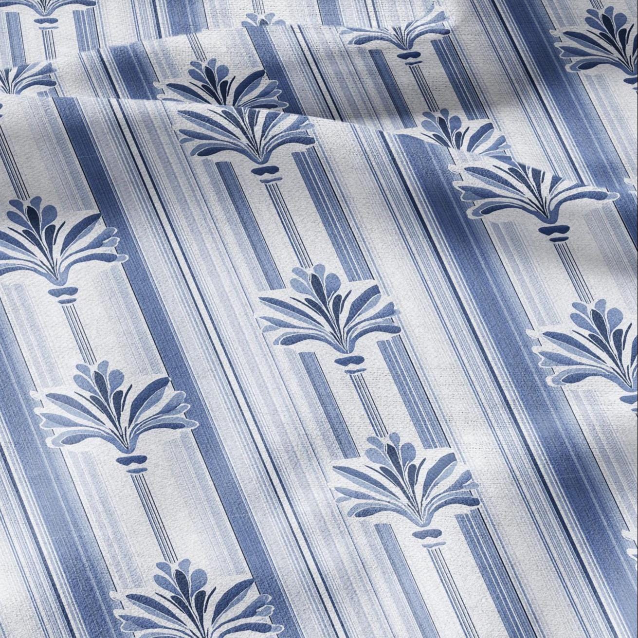 100% LINEN Fabric Stripe Fleur de lis blue print  - floral upholstery home textile artisan fabrics blue white 3129