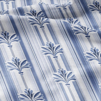 100% LINEN Fabric Stripe Fleur de lis blue print  - floral upholstery home textile artisan fabrics blue white 3129