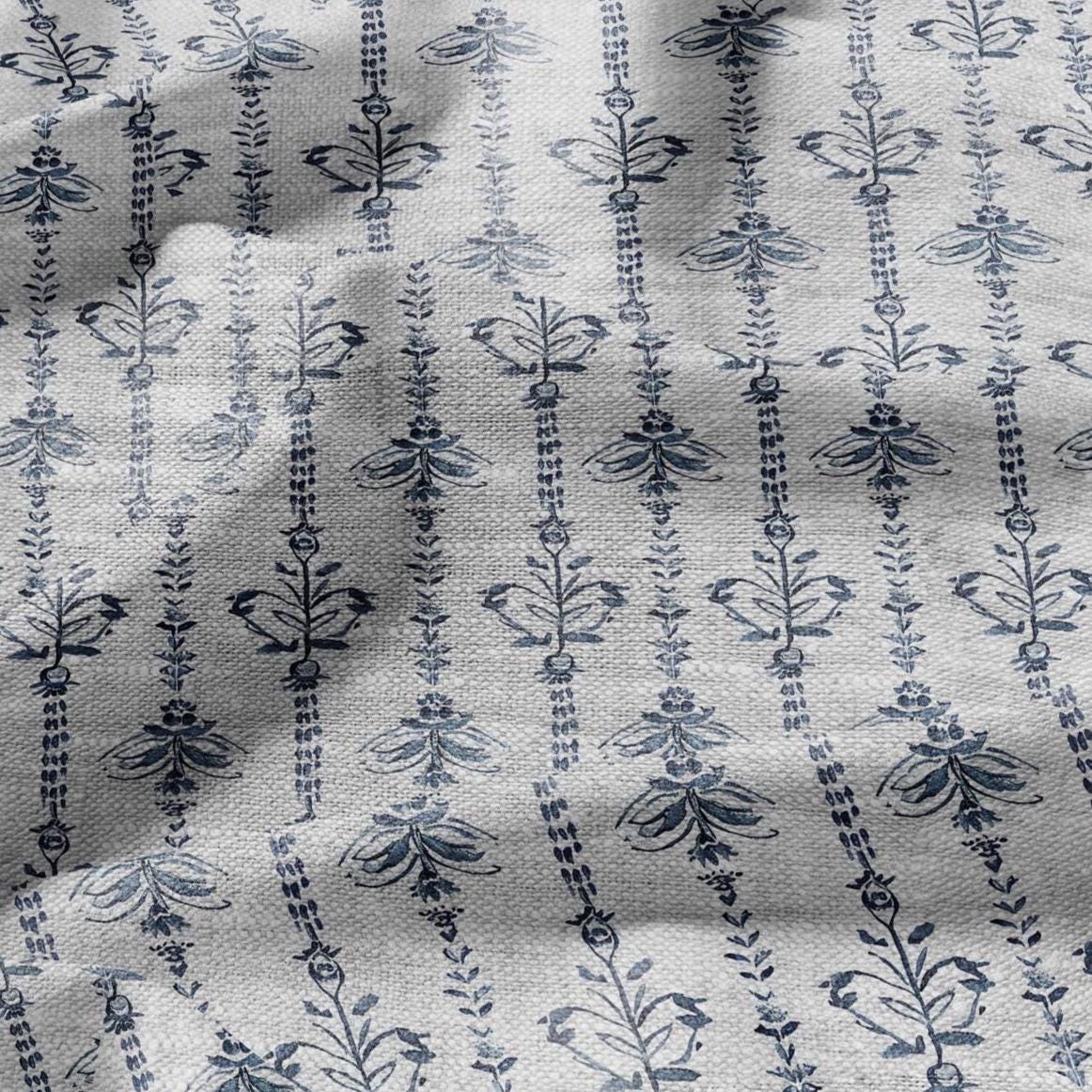 100% LINEN Fabric Block print blue fan - oatmeal linen fabric with japanese print - heavy for home decor clothing 2359