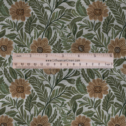 100% LINEN Fabric Herritage Floral brown green print - on oatmeal or white linen for upholstery curtains dress making 2935