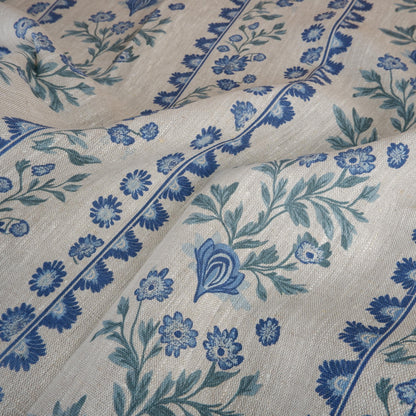 100% LINEN Fabric floral stripe print - oatmeal neutral fabric with blue green print - linen fabric upholstery home decor dressmaking 2153