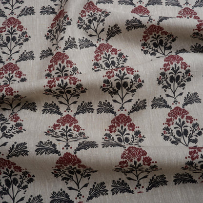 100% LINEN Fabric block print black red on grey | oatmeal linen fabric with floral print | linen fabric for upholstery home decor botanical