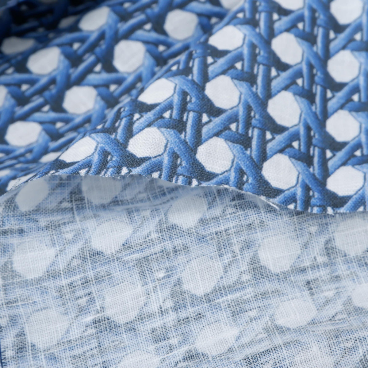 100% LINEN Fabric Blue bamboo trellis - botanical textile artisan fabrics blue white 3687