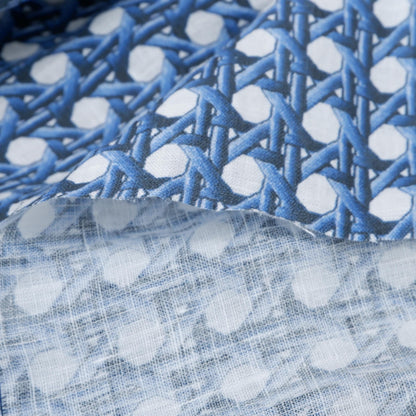 100% LINEN Fabric Blue bamboo trellis - botanical textile artisan fabrics blue white 3687