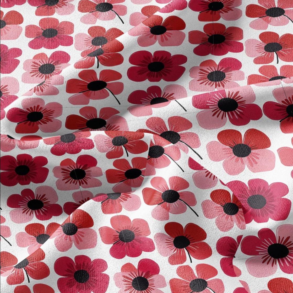 100% LINEN Fabric Red poppy floral print - retro block print flower - for upholstery home decor - medium for dress making 2145