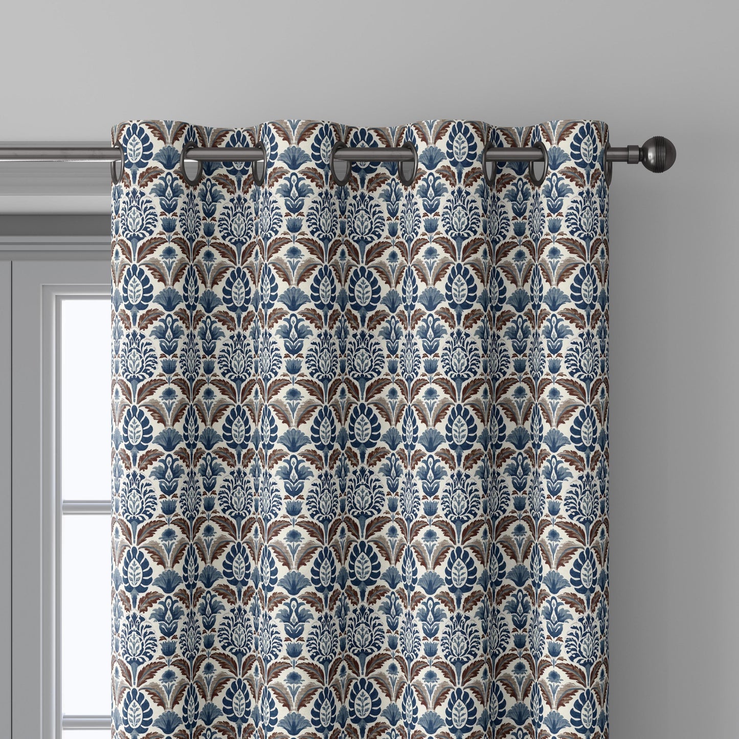100% linen fabric Blue Brown Indian Block Print - Large Scale Botanical Damask Pattern for Upholstery Curtains Home Decor 3432