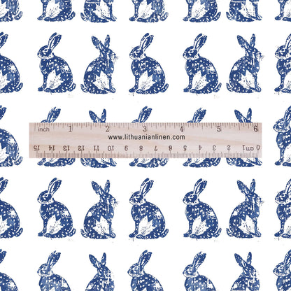 100% LINEN Fabric Rabbit indigo blue  print - bunny linen fabric with blue coastal print for upholstery home decor 2427