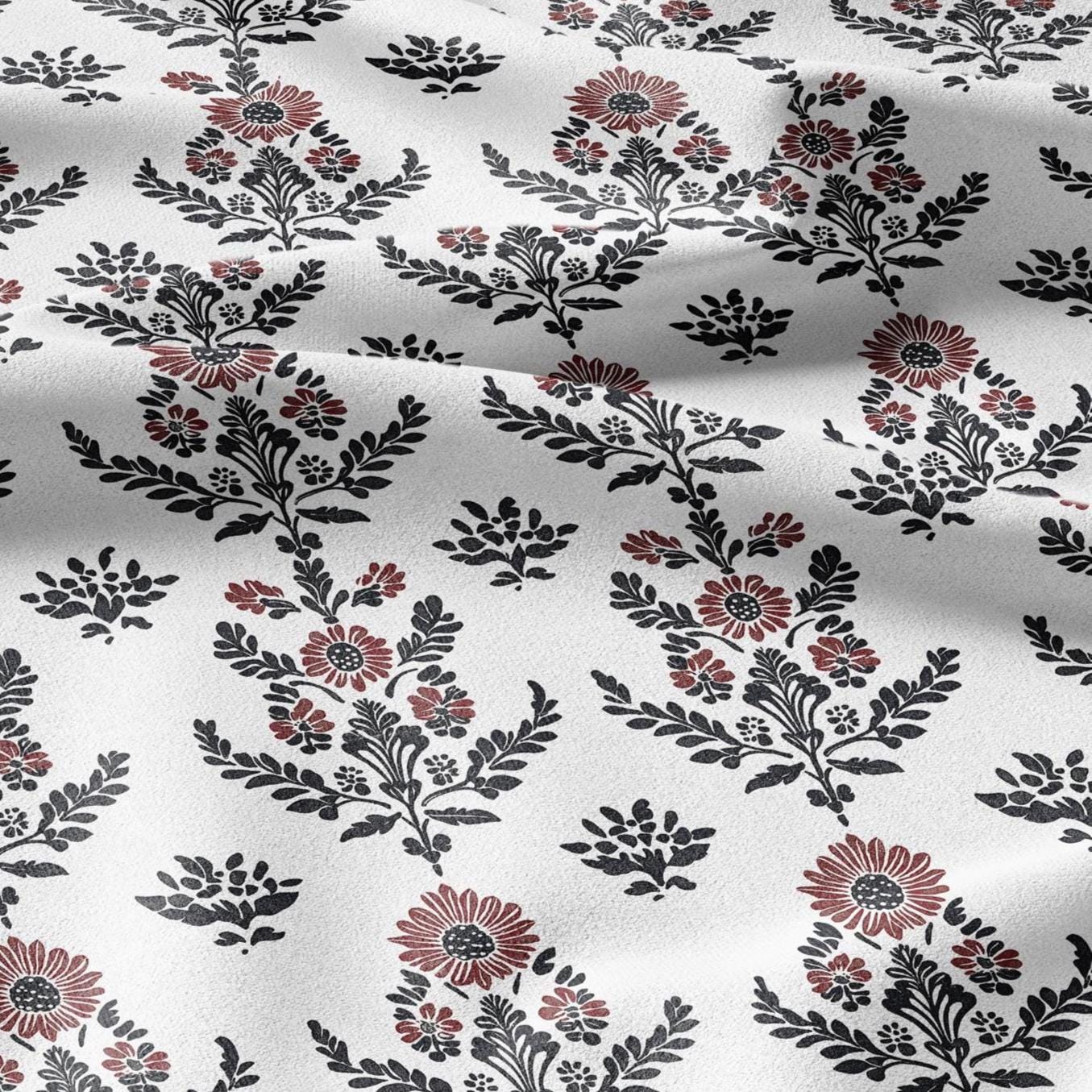 100% LINEN Fabric black red block print - floral fabric for upholstery home decor dress making 2138
