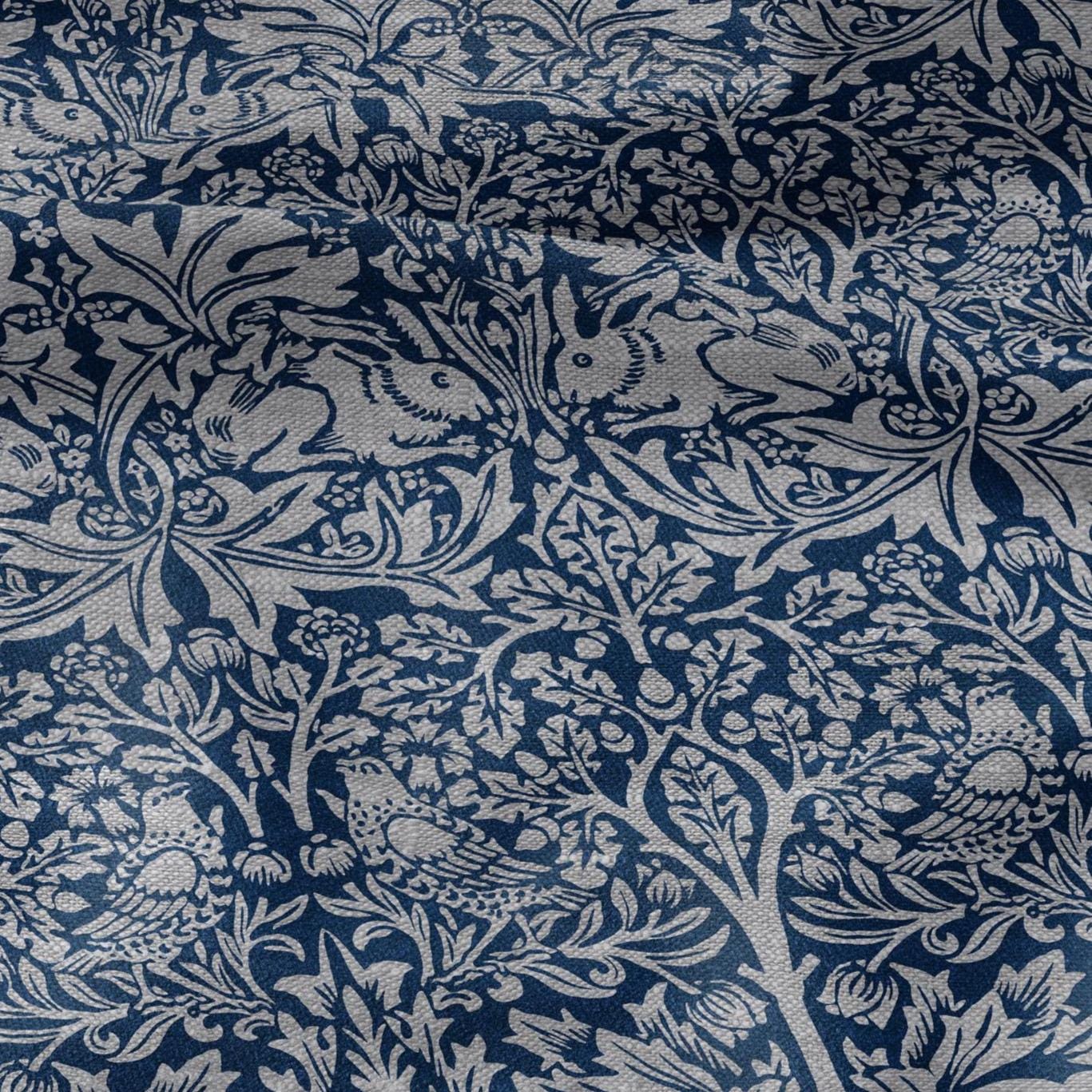 100% LINEN Fabric William Morris Brer Rabbit blue gray - oatmeal linen fabric with botanical print - Victorian Art Craft Historical 3164