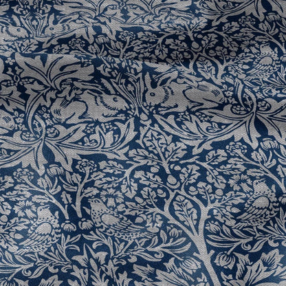 100% LINEN Fabric William Morris Brer Rabbit blue gray - oatmeal linen fabric with botanical print - Victorian Art Craft Historical 3164
