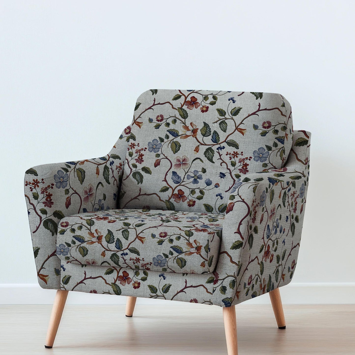 100% LINEN Fabric UPHOLSTERY 12oz - Large flower print on linen - Modern vintage pattern green brown red floral field 317