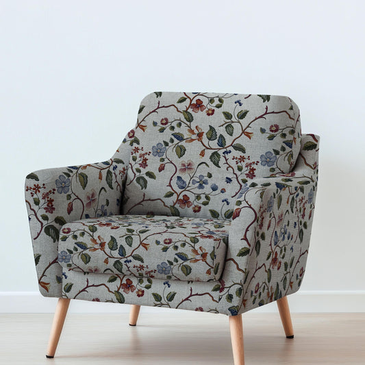 100% LINEN Fabric UPHOLSTERY 12oz - Large flower print on linen - Modern vintage pattern green brown red floral field 317