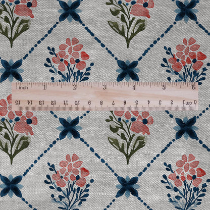 100% LINEN Fabric Rhomb trellis floral geometric print - oatmeal linen fabric botanical - heavy for home decor clothing 3093