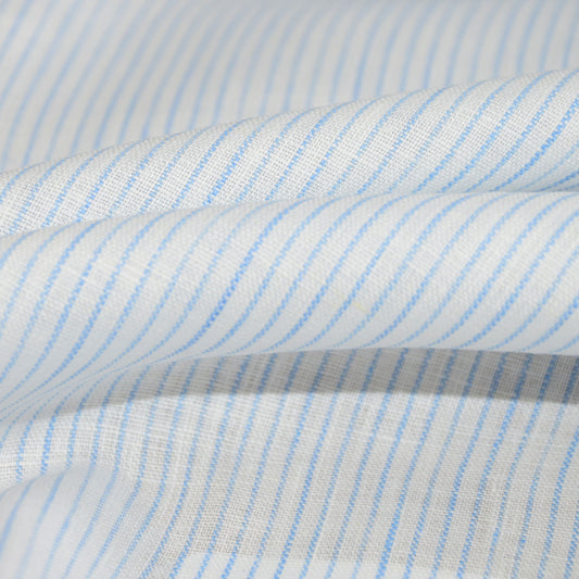 Finest light linen fabric-  pinstripes white blue - 464L