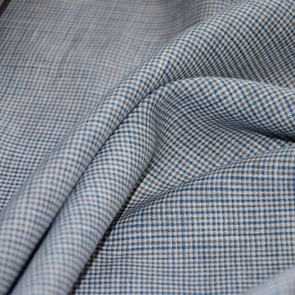 Finest light linen fabric-  houndstooth white blue brown - 477L