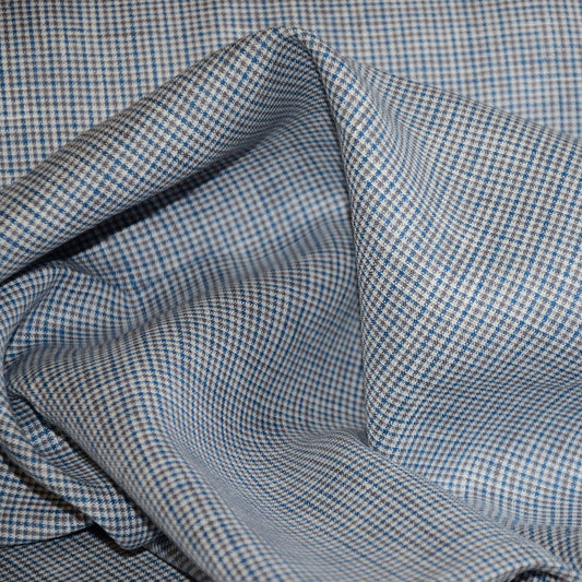 Finest light linen fabric-  houndstooth white blue brown - 477L