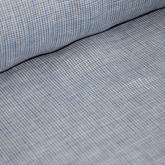 Finest light linen fabric-  houndstooth white blue brown - 477L
