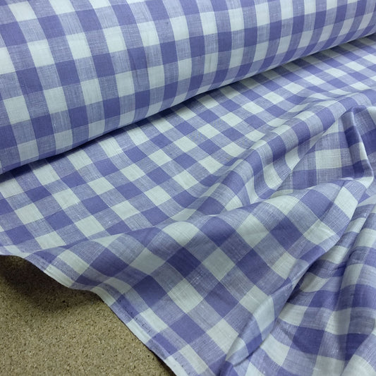 Gingham -  white purple check - linen fabric - 527P