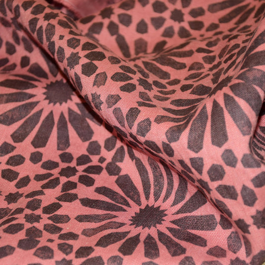 Floral on salmon pink - printed linen fabric - 591P
