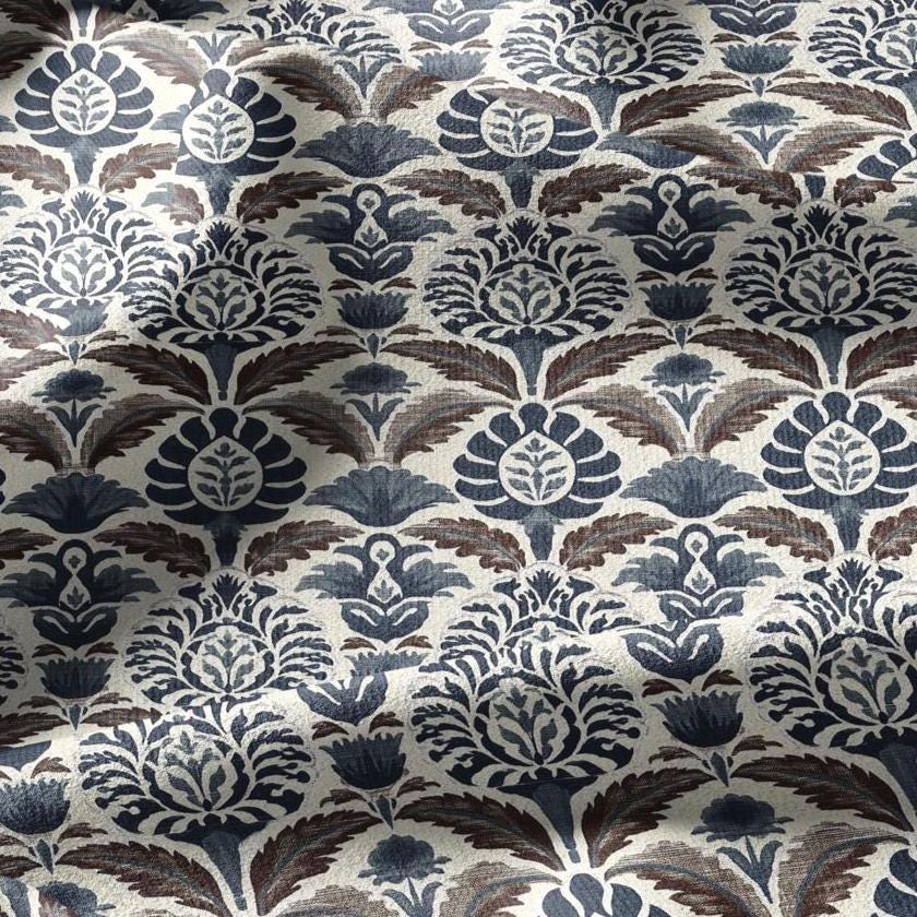 100% linen fabric Blue Brown Indian Block Print - Large Scale Botanical Damask Pattern for Upholstery Curtains Home Decor 3432