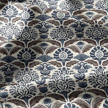 100% linen fabric Blue Brown Indian Block Print - Large Scale Botanical Damask Pattern for Upholstery Curtains Home Decor 3432