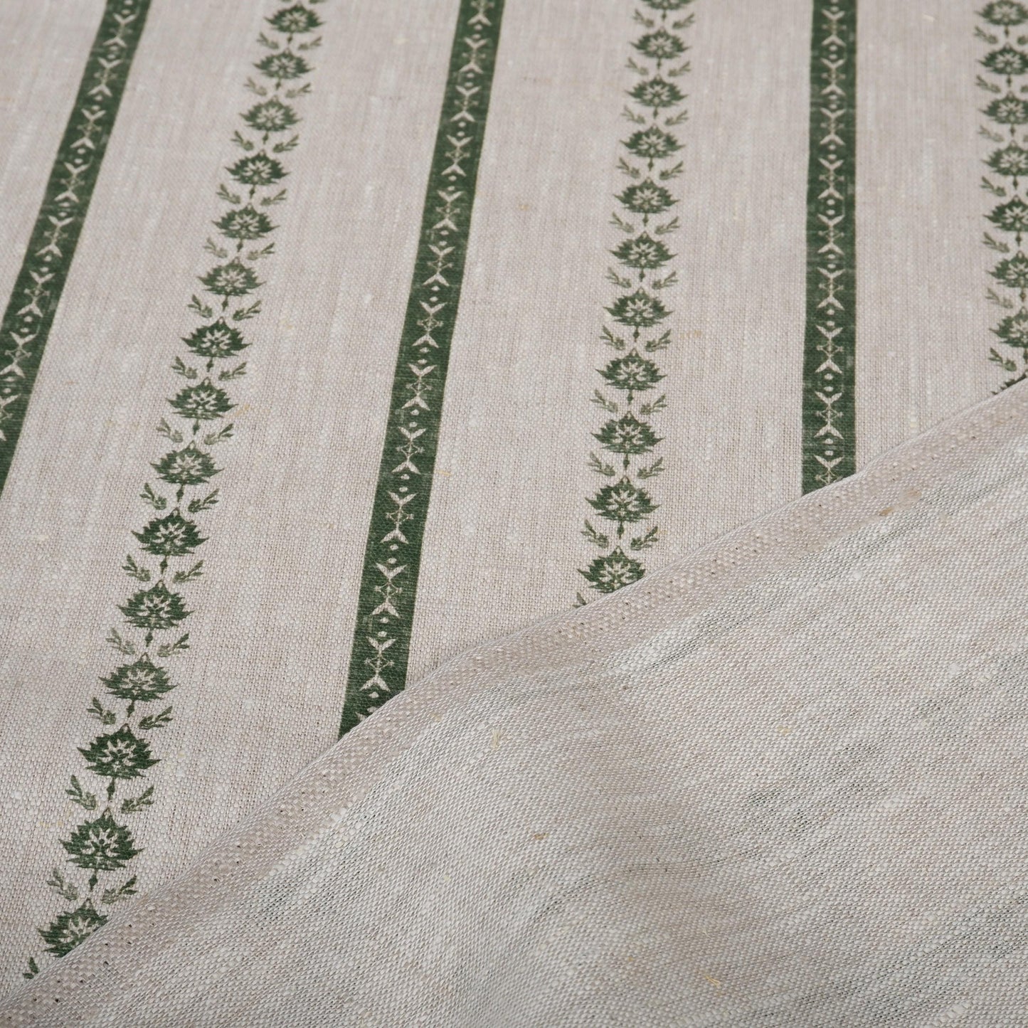 100% LINEN Fabric Striped floral print - block print green leaves on oatmeal linen for upholstery curtains dress making 2687
