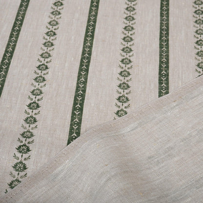 100% LINEN Fabric Striped floral print - block print green leaves on oatmeal linen for upholstery curtains dress making 2687