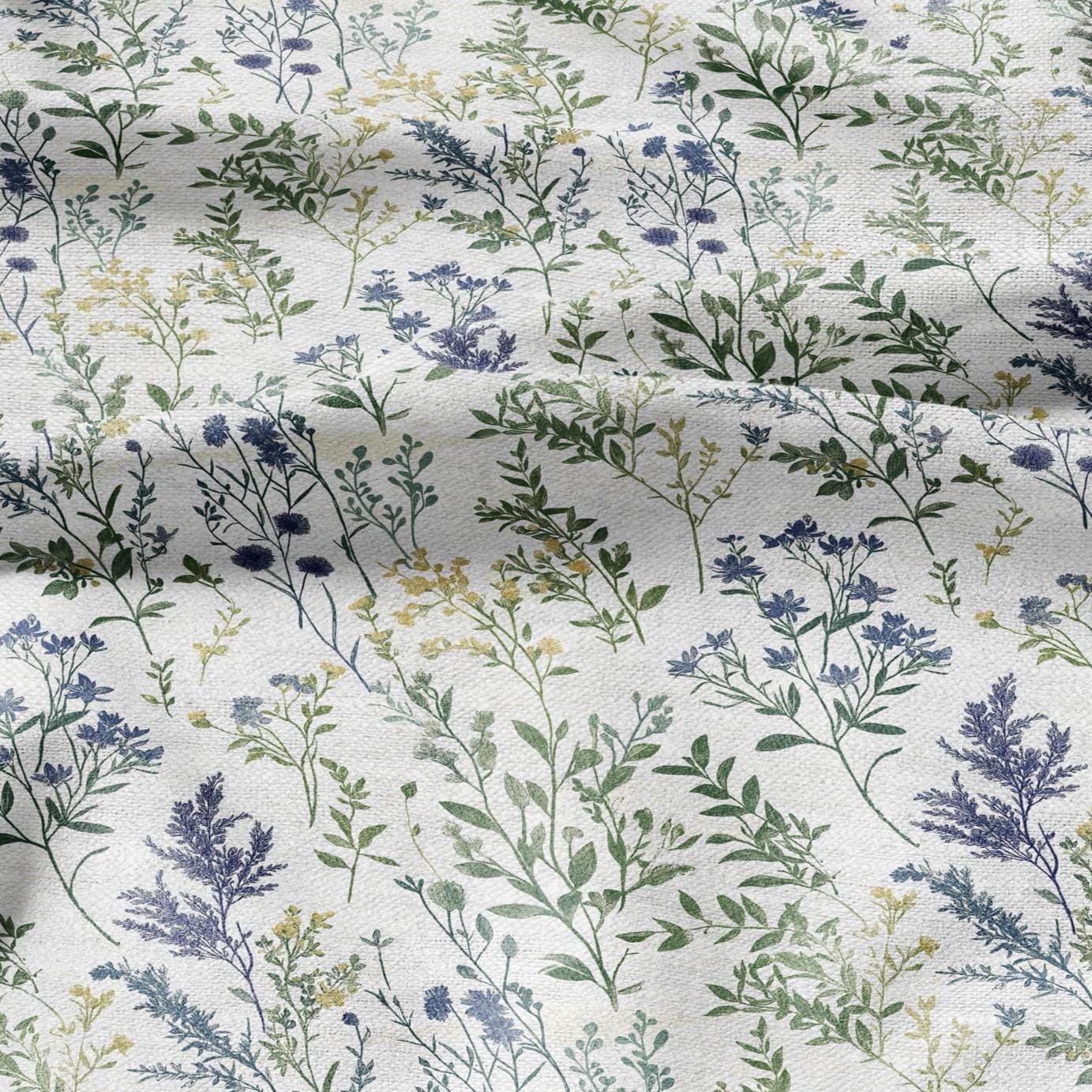 100% LINEN Fabric Meadow print green blue - floral upholstery home textile artisan fabrics blue green white 3038