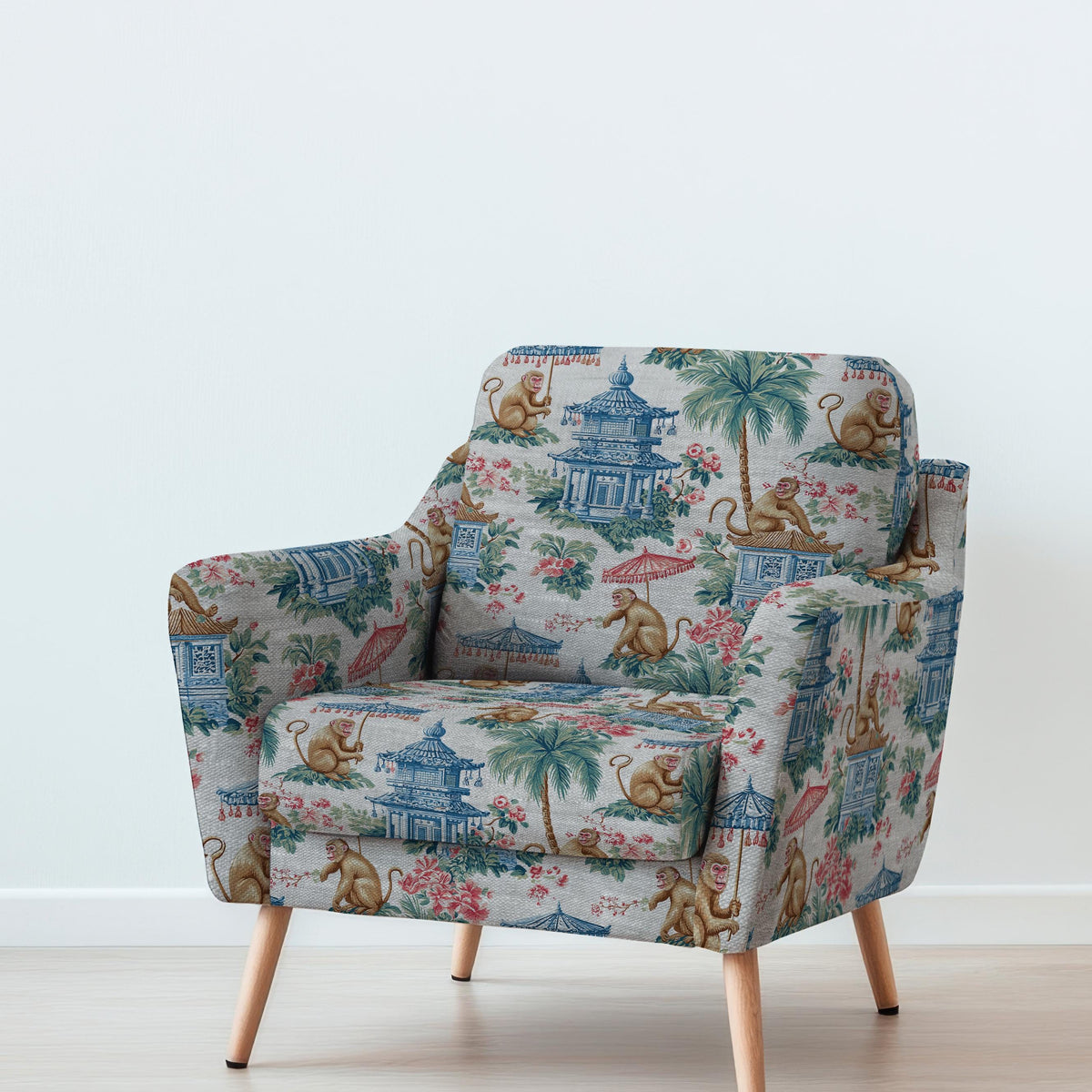 100% LINEN Fabric monkey chinoiserie print - oatmeal linen fabric with chinoiserie print - modern vintage 3338