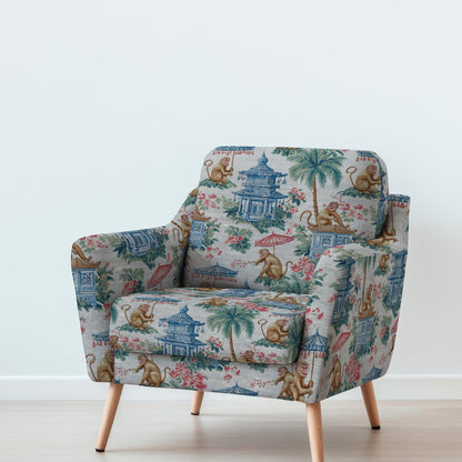 100% LINEN Fabric monkey chinoiserie print - oatmeal linen fabric with chinoiserie print - modern vintage 3338