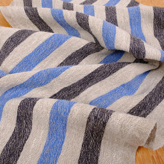 Black blue natur - sack weave - linen fabric - French stripes - 036Z