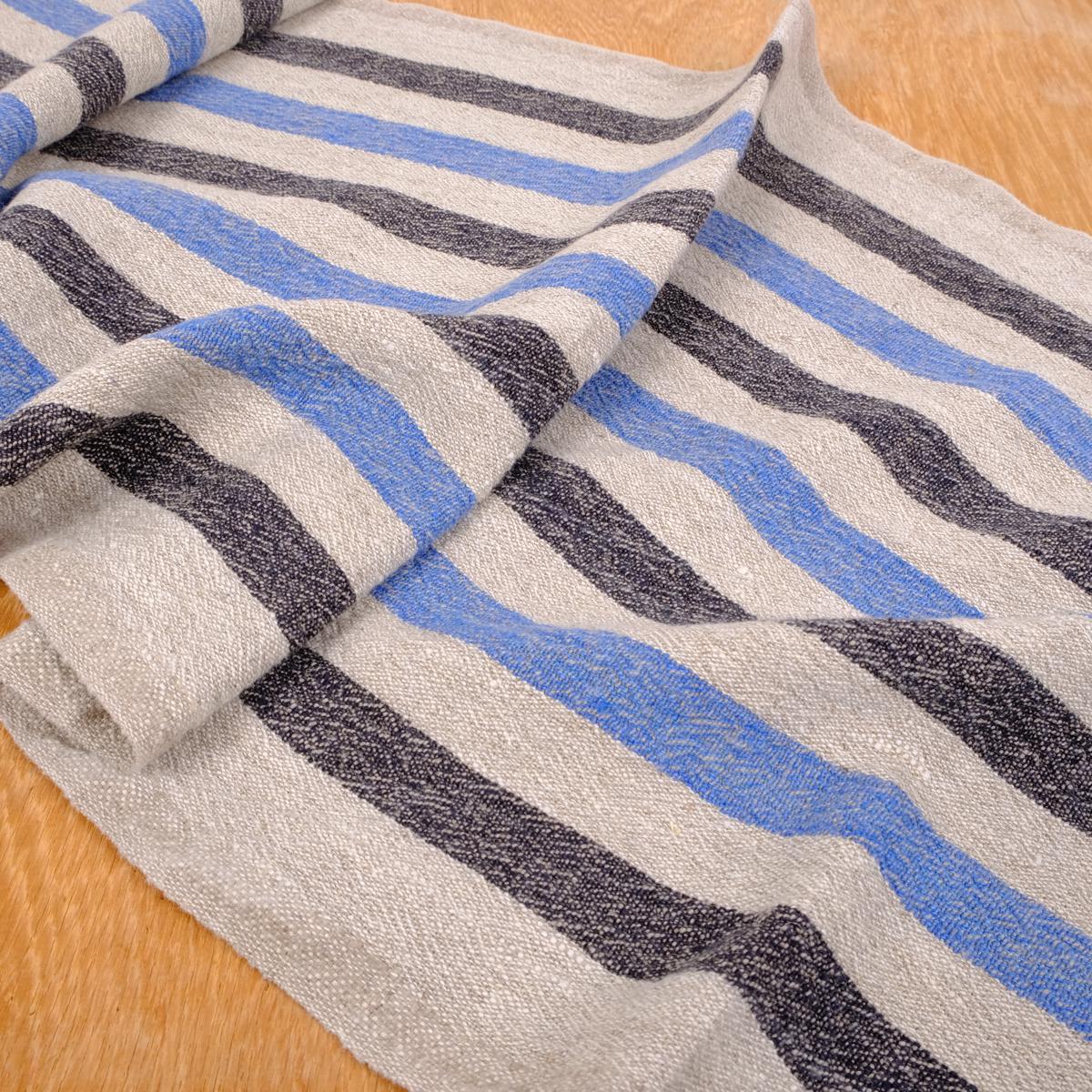Black blue natur - sack weave - linen fabric - French stripes - 036Z